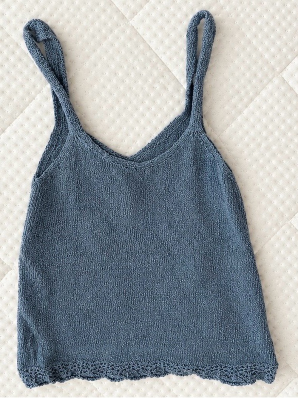 Women's Blue Knit Camisole Tank with Crochet Hem (from Japan)